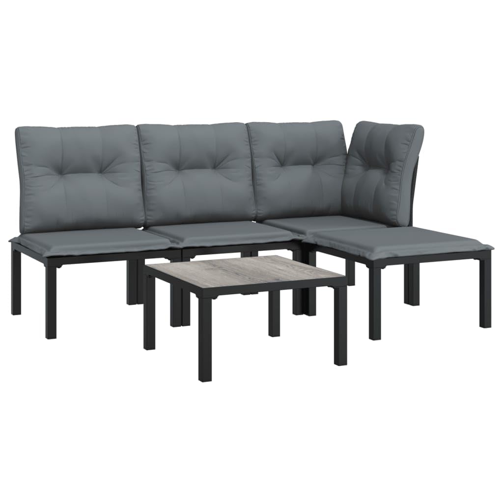 vidaXL Patio Lounge Set - 5 Pieces, Black and Gray, Poly Rattan, with Powder-Coated Steel Frame, Modular Design, Including Right Corner Chair, Coffee Table and Cushions