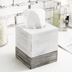 Mygift Vintage White And Distressed Gray Wood Square Bathroom Tissue Box Dispenser Holder Cover With Slide-Out Bottom Panel, 5.5