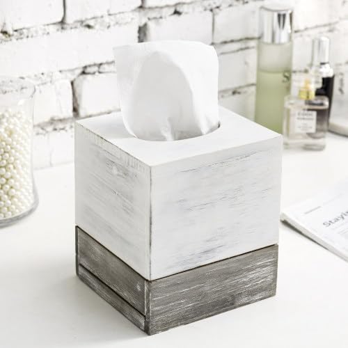 Mygift Vintage White And Distressed Gray Wood Square Bathroom Tissue Box Dispenser Holder Cover With Slide-Out Bottom Panel, 5.5