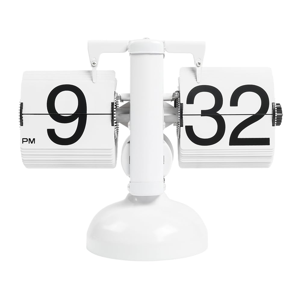 mooas Flip Desk Clock (White), Retro Vintage Design Auto Flip Clock Desk Clock Table Clock Large Number Battery Powered Internal