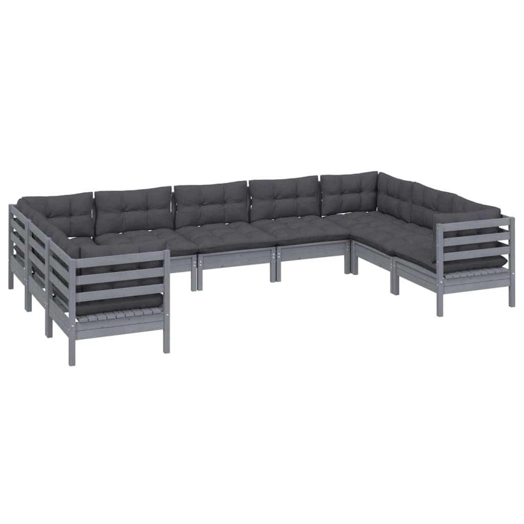 vidaXL Solid Pinewood Patio Lounge Set 9 Piece with Cushions Garden Outdoor Lawn Yard Terrace Balcony Wooden Seat Seating Furniture Gray