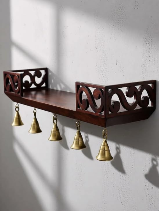Libra Traders Decorative Wall Shelf with Brass Bells, Wooden Wall Mounted Display Rack with Carved Design