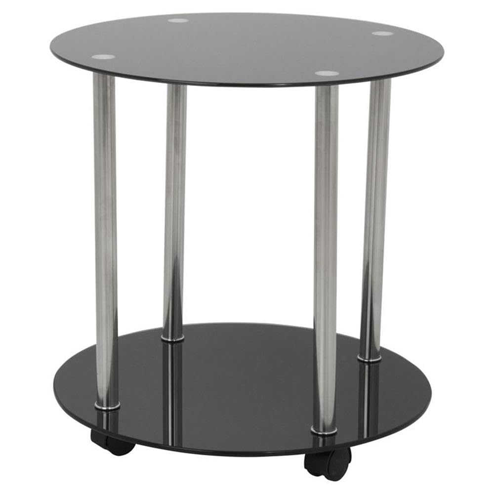 Avf Steel And Glass Two Tier Round Wheeled End Table In Black/Chrome