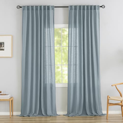 Donren Stone Blue Linen Back Tab Curtains 108 Inches Long Ceiling To Floor For Large Windows - 2 Panels Set Hooks Belt Pinch Pleated Easy Sliding Curtains Semi Privacy Sheer Drapres 52 X 108 Inch