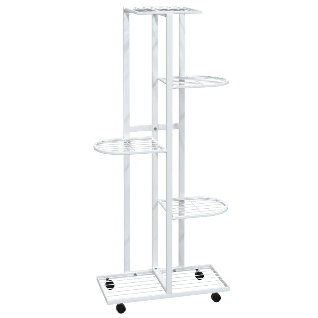 vidaXL 5-Floor Flower Stand with Wheels - White Iron Display Rack for Plants and Decorations - Ideal for Home or Garden Use
