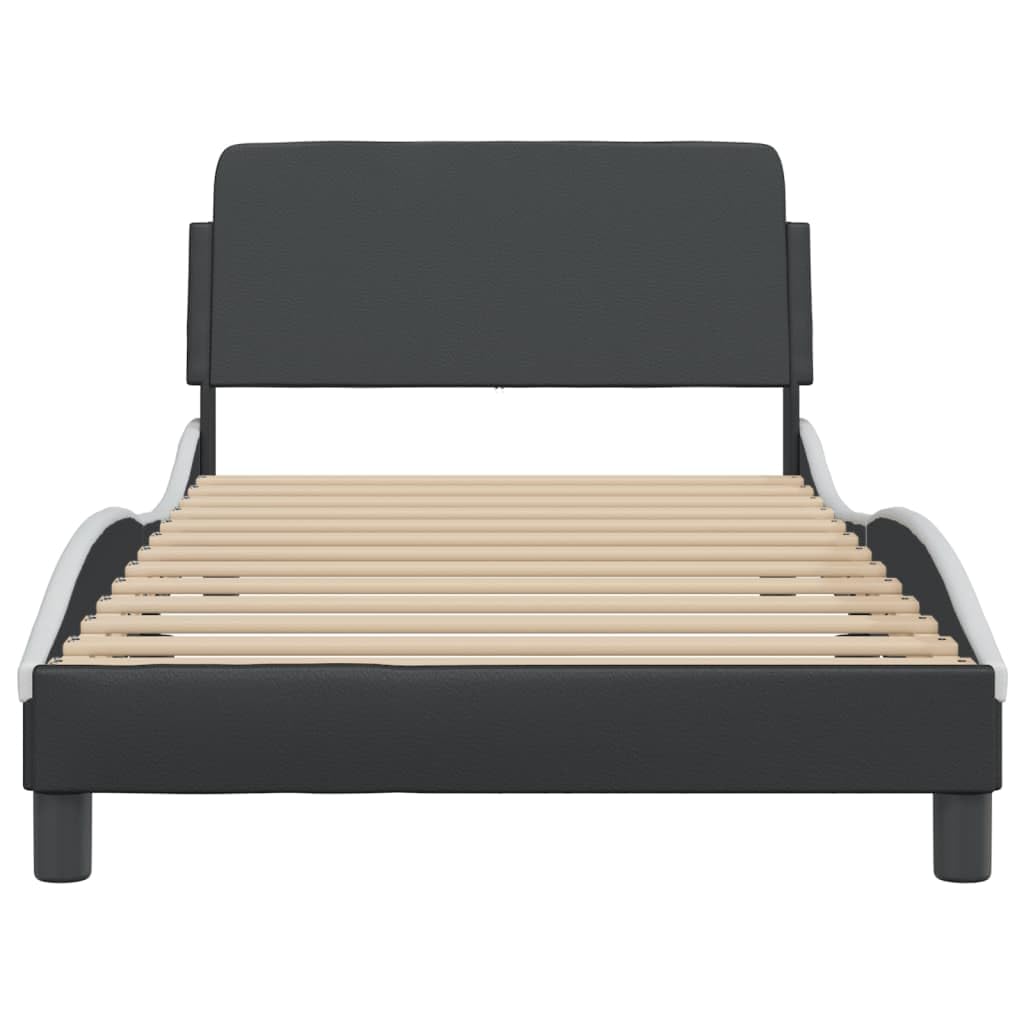 vidaXL Single Bed Frame with Headboard - Black/White, Faux Leather, Plywood Slats, 39.4"x74.8" Mattress Size, Modern Design