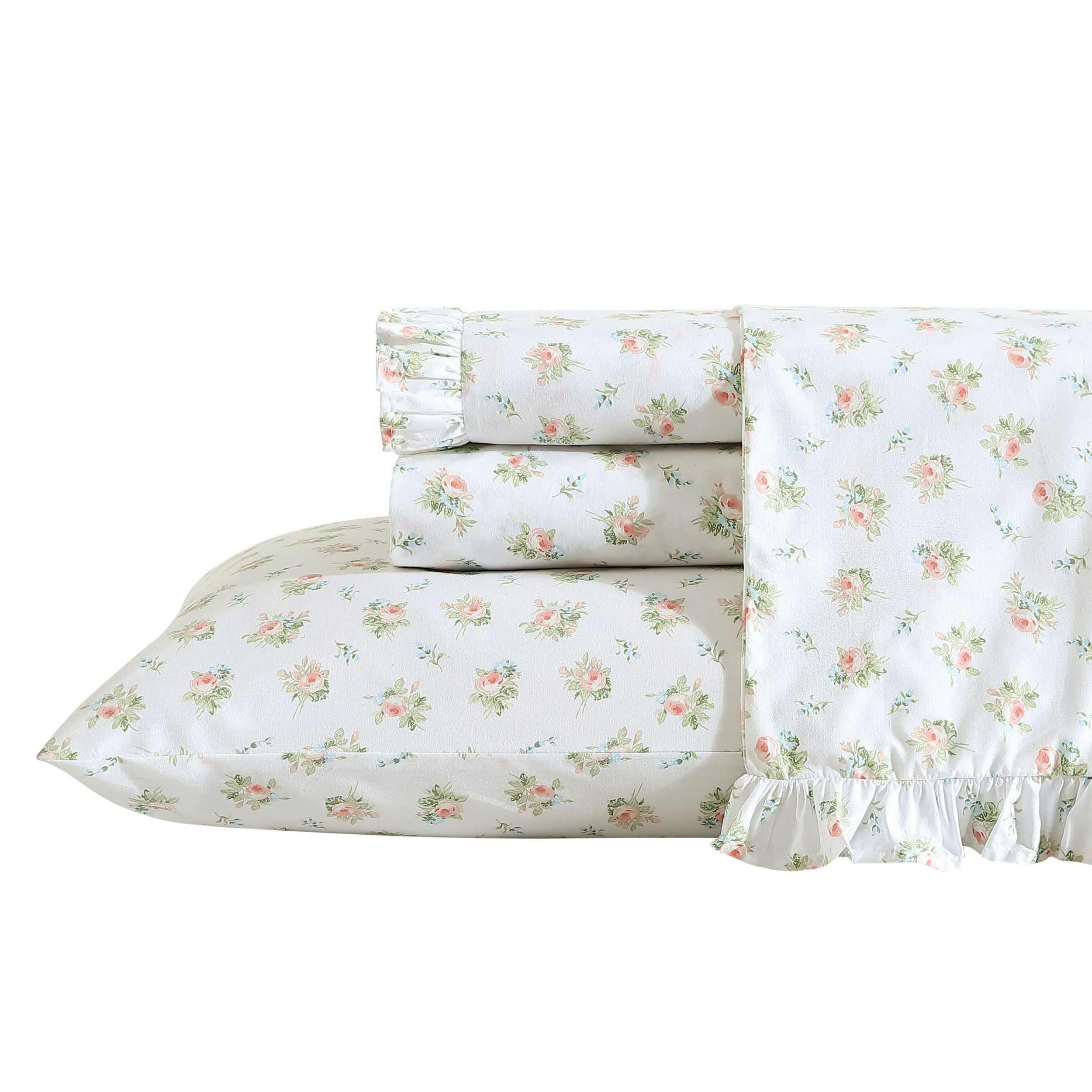 Laura Ashley - Twin Xl Sheet Set, Breathable Percale Cotton Bedding, 200 Thread Count, Floral Home Decor (Roseford Orange, Twin