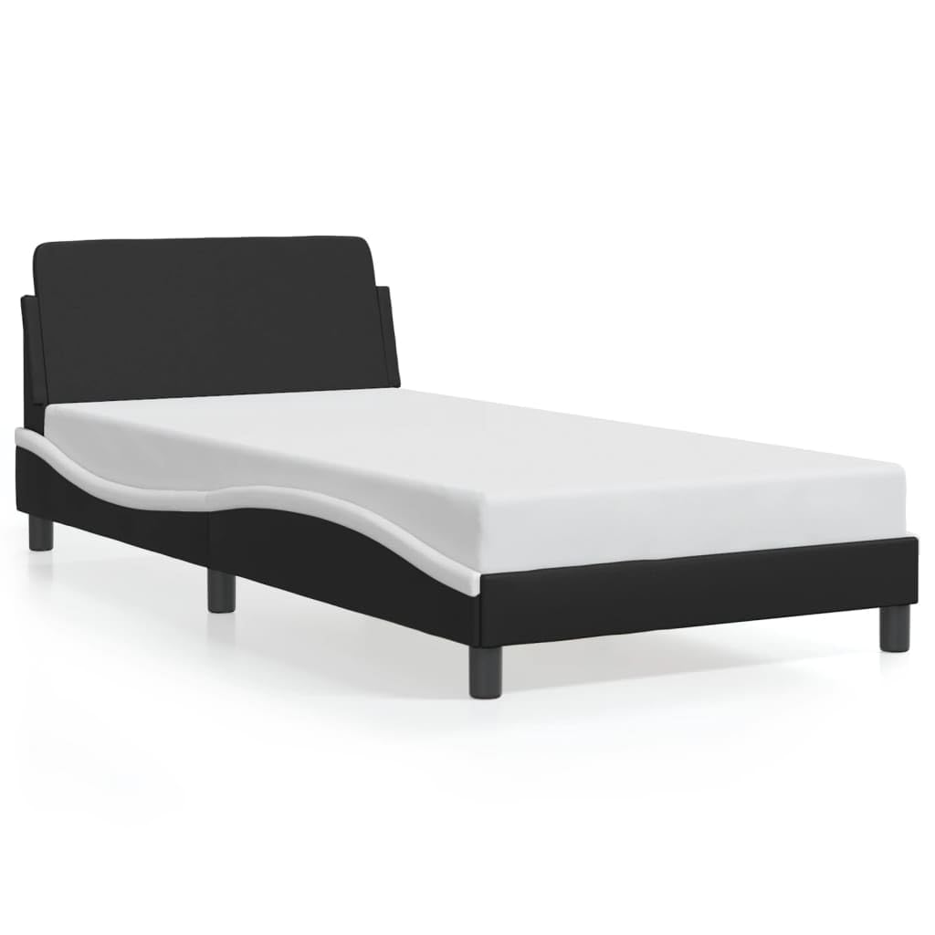 vidaXL Modern Single Bed Frame with Headboard - 39.4"x79.9" Faux Leather Black/White, Metal Support Legs, Plywood Slats