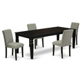 East West Furniture Lgab5-Blk-06 5 Piece Modern Dining Table Set Includes A Rectangle Wooden Table With Butterfly Leaf And 4 Shitake Linen Fabric Parsons Chairs, 42X84 Inch, Black