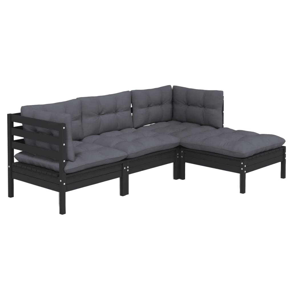 vidaXL Solid Pinewood Patio Lounge Set 4 Piece with Cushions Garden Outdoor Lawn Yard Terrace Balcony Wooden Seat Seating Furniture Black