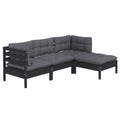 vidaXL Solid Pinewood Patio Lounge Set 4 Piece with Cushions Garden Outdoor Lawn Yard Terrace Balcony Wooden Seat Seating Furniture Black