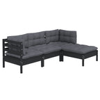 vidaXL Solid Pinewood Patio Lounge Set 4 Piece with Cushions Garden Outdoor Lawn Yard Terrace Balcony Wooden Seat Seating Furniture Black