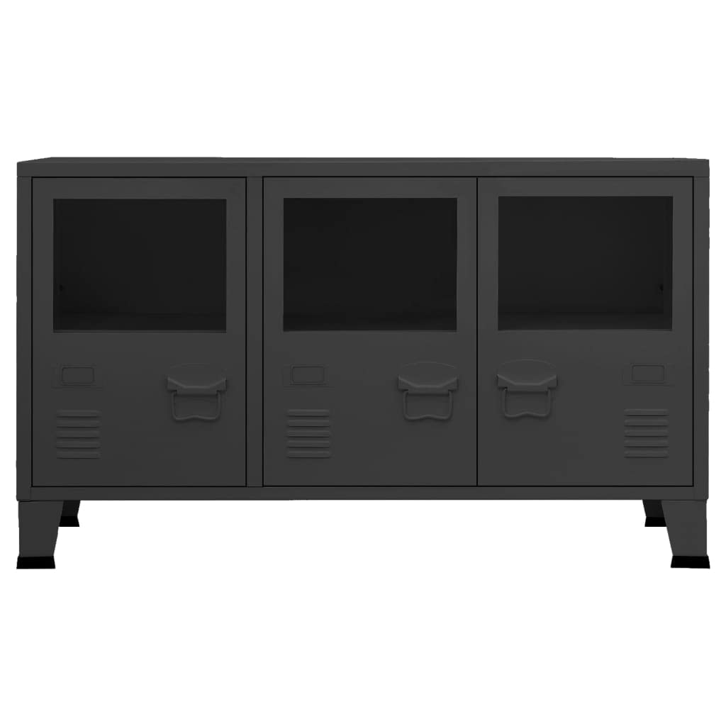 vidaXL Industrial Sideboard - Sleek Black Metal and Glass Design, Durable Construction, Ample Compartments for Storage and Display, Functional Air Vents and Name-Tag Holders on Doors