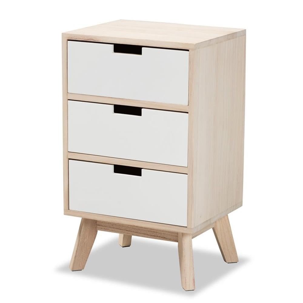 Baxton Studio Halian Midcentury Modern Twotone White And Light Brown Finished Wood 3Drawer Nightstand