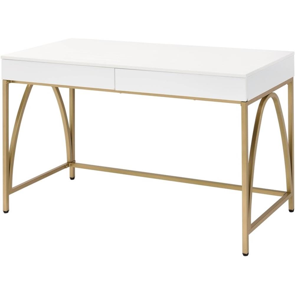 Acme Lightmane Wooden Top Writing Desk in White High Gloss and Gold