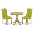 East West Furniture AMEN3-OAK-51 3 Piece Dining Set Contains a Round Dining Room Table with Pedestal and 2 Autumn Green Faux Lea