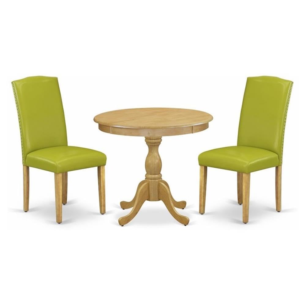 East West Furniture AMEN3-OAK-51 3 Piece Dining Set Contains a Round Dining Room Table with Pedestal and 2 Autumn Green Faux Lea