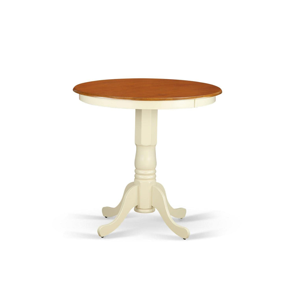 East West Furniture JAVN3-WHI-C 3 Piece Counter Height Pub Set for Small Spaces Contains a Round Wooden Table with Pedestal and 2 Linen Fabric Upholstered Chairs, 36x36 Inch, Buttermilk & Cherry