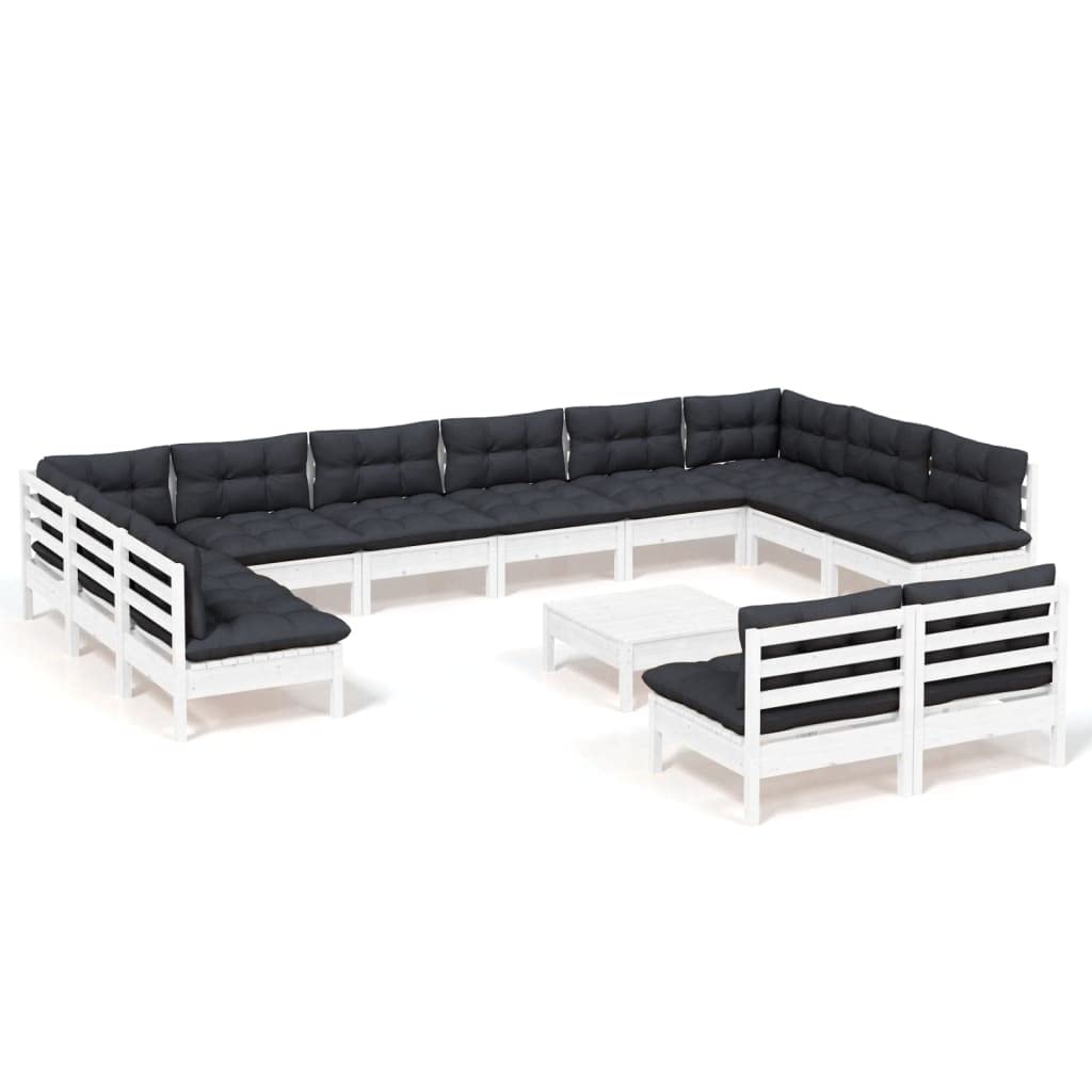vidaXL Solid Pinewood Patio Lounge Set 13 Piece with Cushions Garden Outdoor Lawn Yard Terrace Balcony Wooden Seat Seating Furniture White