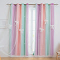 Yancorp Curtains For Girls Bedroom Kids Curtain Hollow-Out Star Window Nursery Curtain 96 Inches Length Room Darkening Grommet 2 Layers (Green Pink Purple, W52 X L96)