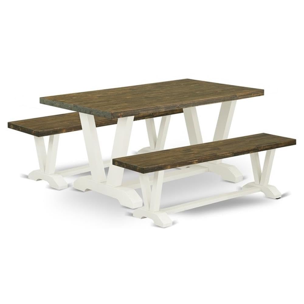 East West Furniture V2-076 3 Piece Dining Set Contains a Rectangle Dining Room Table with V-Legs and 2 Kitchen Bench, 36x60 Inch, Multi-Color