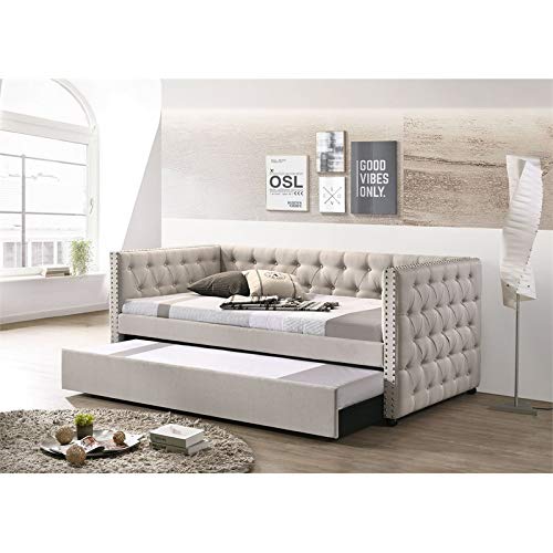 Acme Romona Button Tufted Fabric Upholstered Full Daybed and Trundle in Beige