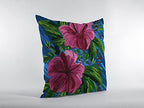 HomeRoots Hot Pink On Blue 20â€ Pink Blue Hibiscus Suede Decorative Throw Pillow