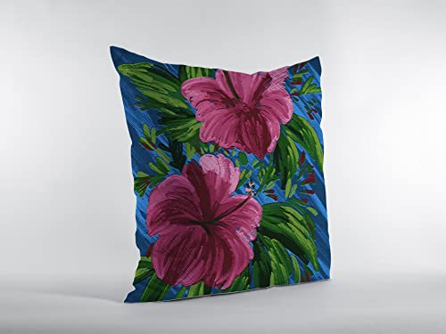 HomeRoots Hot Pink On Blue 20â€ Pink Blue Hibiscus Suede Decorative Throw Pillow