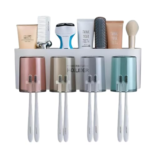 Kitchix Vistara 4 Cup Toothbrush Holder with Toothpaste Storage Wall Mounted Bathroom Organizer Dustproof Toothbrush Stand Multi
