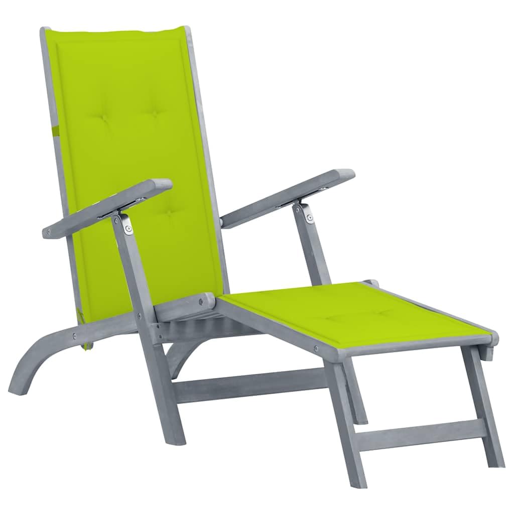 vidaXL Solid Acacia Wood Patio Deck Chair with Footrest and Bright Green Cushion, Indoor/Outdoor, Adjustable 3-Height Settings, 