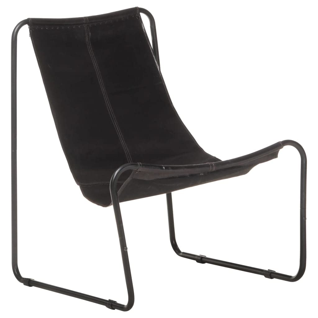 Vidaxl Black Real Leather Relaxing Chair Vintagestyle Home Accent Seat With Powdercoated Iron Frame  Durable, Comfortable An