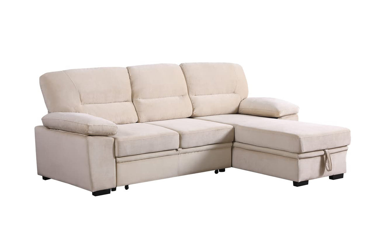 Lilola Home Kipling Beige Velvet Fabric Reversible Sleeper Sectional Sofa Chaise