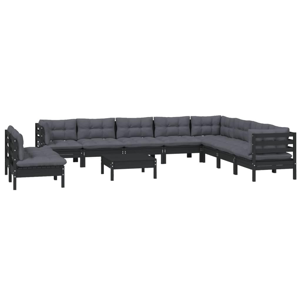 vidaXL Solid Pinewood Patio Lounge Set 11 Piece with Cushions Garden Outdoor Lawn Yard Terrace Balcony Wooden Seat Seating Furniture Black