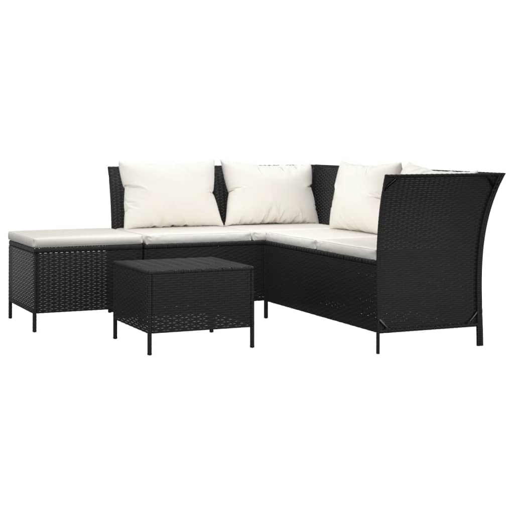 vidaXL Black Poly Rattan & Powder-Coated Steel Patio Lounge Set - 4 Piece Outdoor Furniture Set with Cushions and Storage