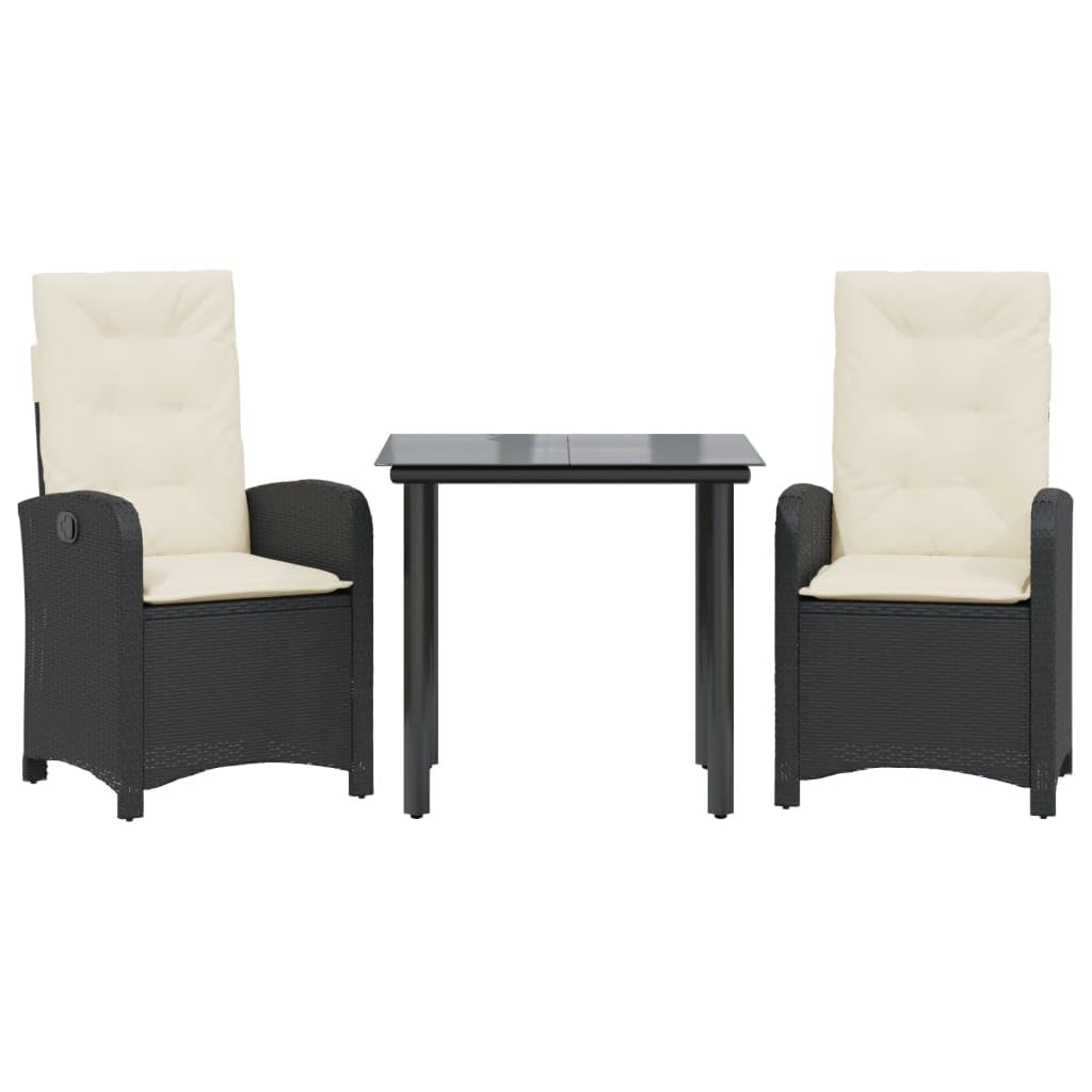 vidaXL 3 Piece Patio Dining Set/Outdoor Reclining Garden Chairs with Cushions/Black Poly Rattan/Glass Tabletop/Adjustable Backrest