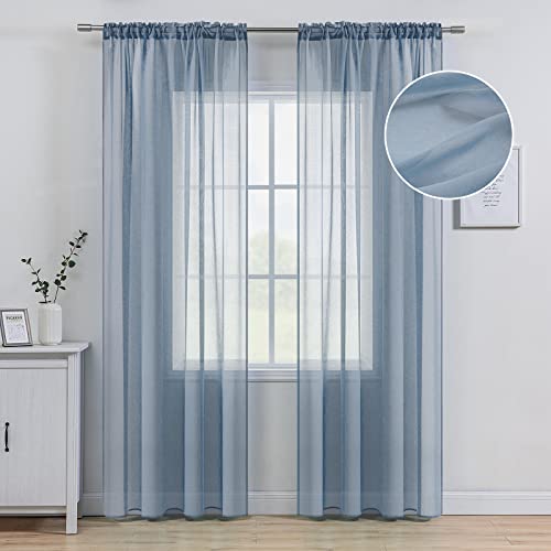 Miulee Dusty Blue Linen Textured Sheer Curtains For Bedroom Living Room Semi Transparent Farmhouse Window Curtain Panels Rod Pocket Light Blue Slate Blue 2 Panels W 54 X L 108 Inches Long