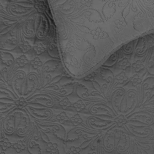Easy-Going Full/Queen Size Reversible Quilt Set With 1 Quilt And 2 Pillow Shams, Soft Bed Quilt Cover, Water Resistant Lightweight Microfiber Bedspread, Stain Resistant, Damask-Gray/Light Gray