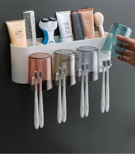 UPHAAR AUR KALA Wall Mounted Toothbrush Holder for Bathroom with 4 Cups | Toothbrush and Toothpaste Organizer Stand | Multifunct