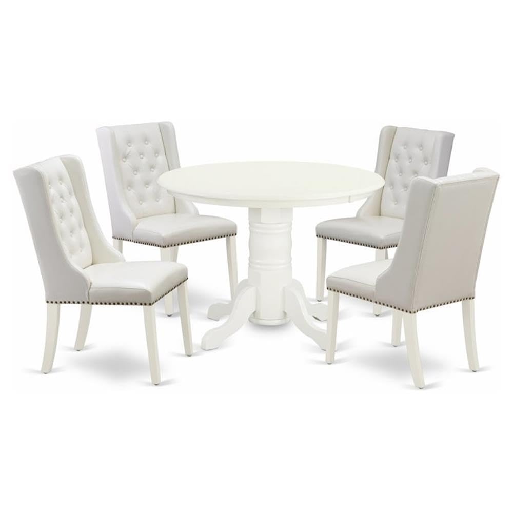 East West Furniture SHFO5-WHI-44 5 Piece Dinette Set for 4 Includes a Round Kitchen Table with Pedestal and 4 Light Grey Faux Le