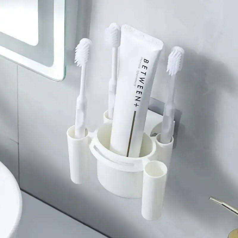 Samta WallMounted Toothbrush Holder with Cup, White, Plastic, 11x8.5x7 cm, Bathroom Organiser (Pack of 1)