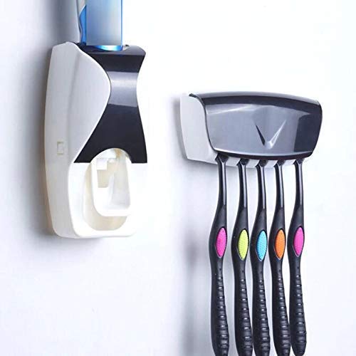 DRAXIL Automatic Toothpaste Dispenser, Wall Mounted, Plastic, with 5 Hole Toothbrush Holder, AntiDust, Multicolour
