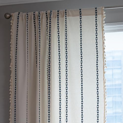 Sutuo Home Boho Curtains 84 Inches For Bedroom Living Room, Semi Blackout Farmhouse Vintage Tassels Window Treatment Bohemian Embroidery Drape, Rod Pocket 1 Panel 52' W X 84' L, White And Navy Blue