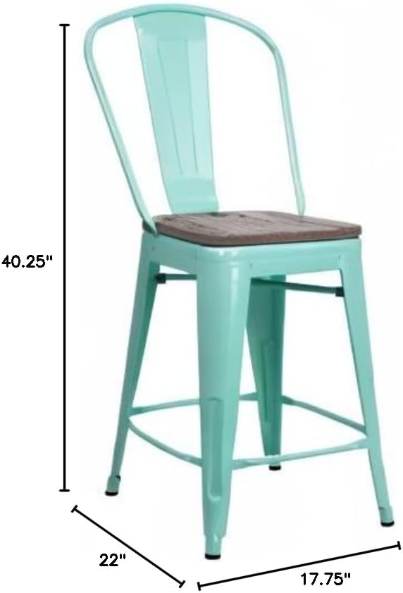 24 High Mint Green Metal Counter Height Stool with Back and Wood Seat