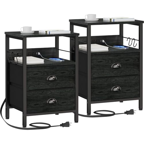 Furologee Nightstand Set Of 2, Black Oak, With Charging Station And Usb Ports, Side Tables With 2 Fabric Drawers, Bedside Tables With Storage Shelf & Hooks, For Living Room/Bedroom