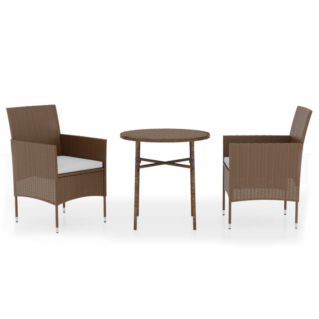 vidaXL 3 Piece Patio Dining Set - Poly Rattan Garden Furniture with Cushioned Chairs and Round Table - Brown/Cream White, Weather-Resistant, Ideal for Garden, Patio, or Outdoor Use