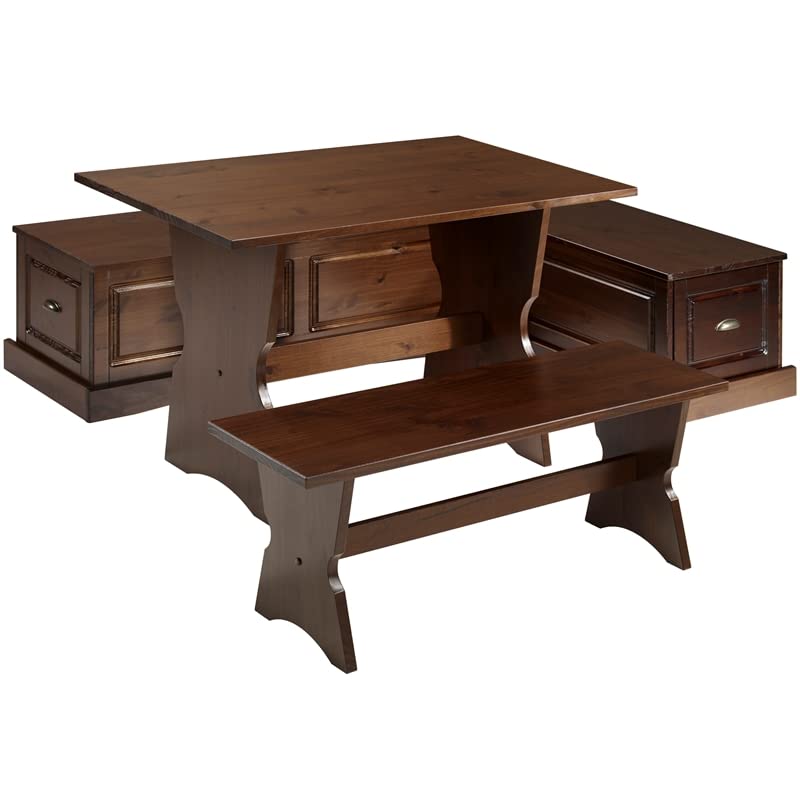 Linon Montery 3 Piece Backless Patio Conversation Indoor Kitchen Breakfast Corner Nook Set with Hidden Storage, Walnut Brown Fin