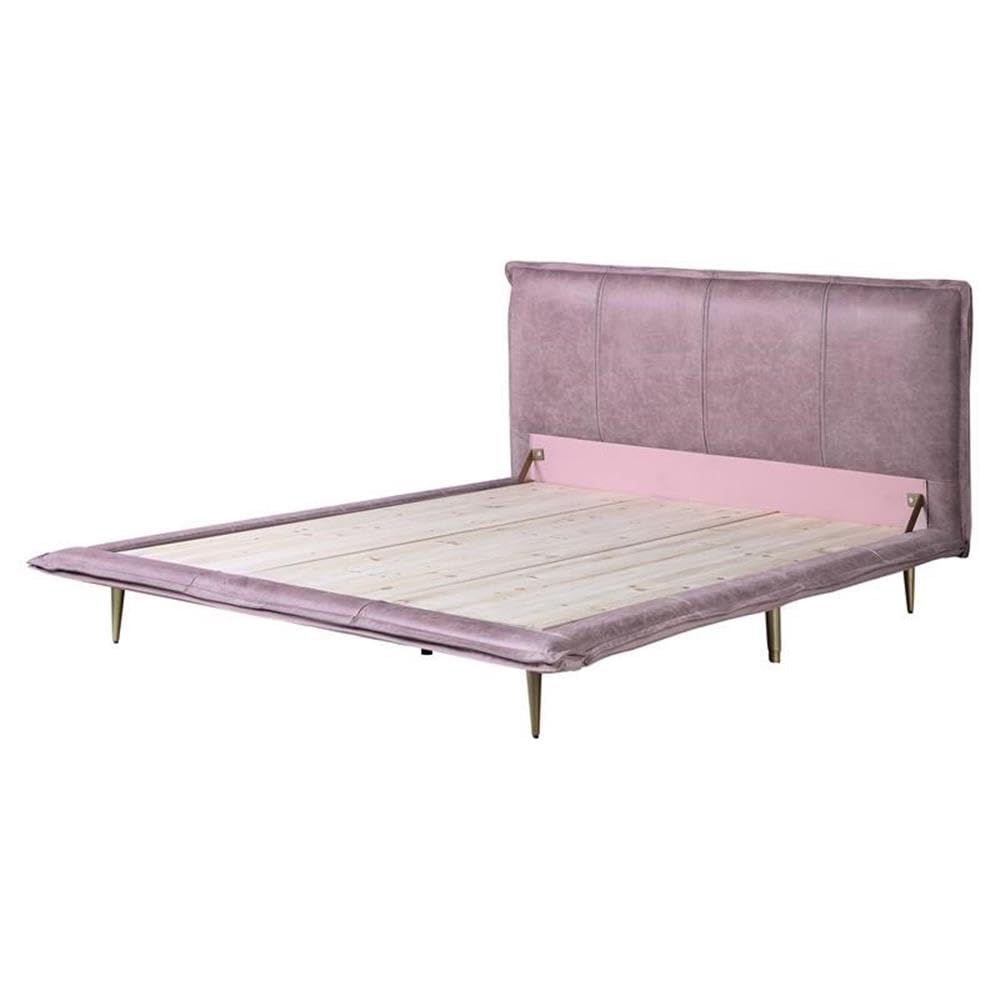 Acme Metis Top Grain Leather Upholstered Queen Bed with Metal Legs in Pink