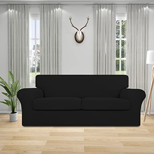Easy-Going 3 Pieces Stretch Oversized Loveseat Couch Cover For 2 Cushion Couch Sofa Cover For Dogs Washable Sofa Slipcover Elastic Furniture Protector For Pets (Black, Oversized Loveseat)