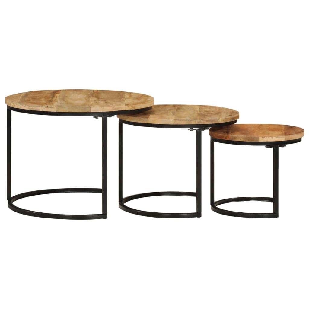 vidaXL Solid Rough Mango Wood Nesting Tables - 3 pcs Set of Round Stacking Coffee Tables with Industrial Design for Living Room, Bedroom, and Office Use