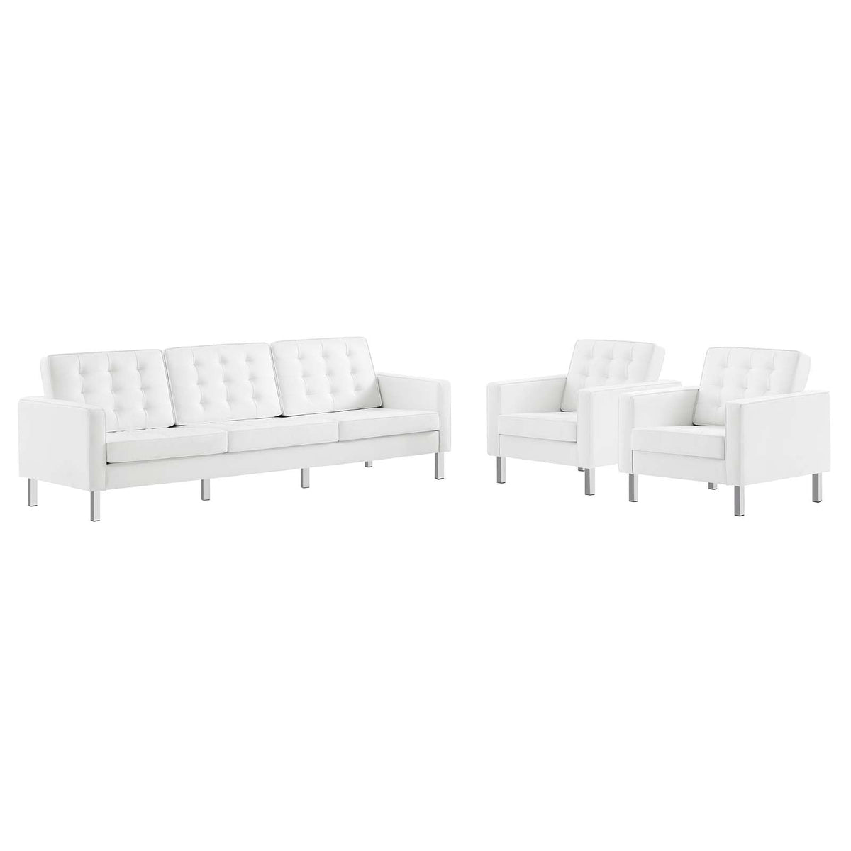 Modway Loft 3 Piece Tufted Upholstered Faux Leather Set, Silver White